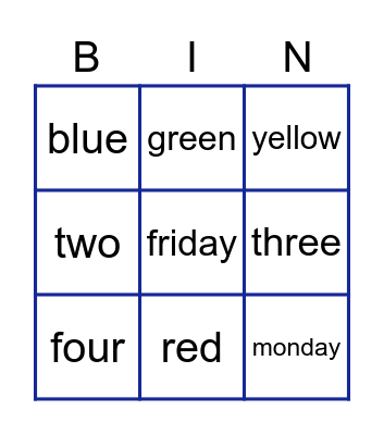Bingo English Bingo Card