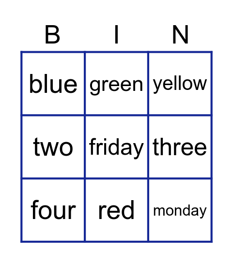 Bingo English Bingo Card