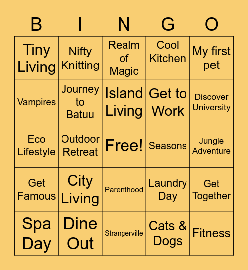 Sims Packs Bingo Card