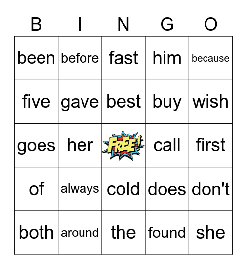 Sight Words Bingo Card