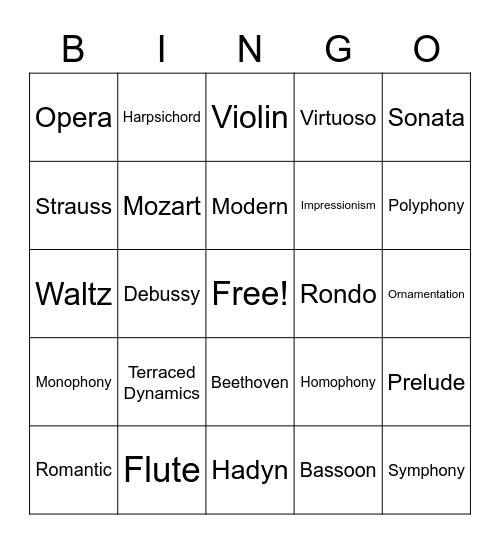 History of Music Bingo Card