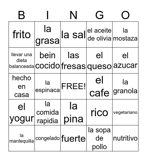 Comia Vocabularío  Bingo Card