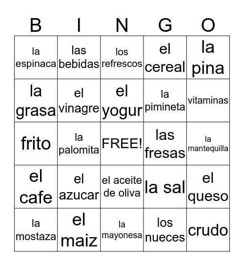 Comida Bingo Card