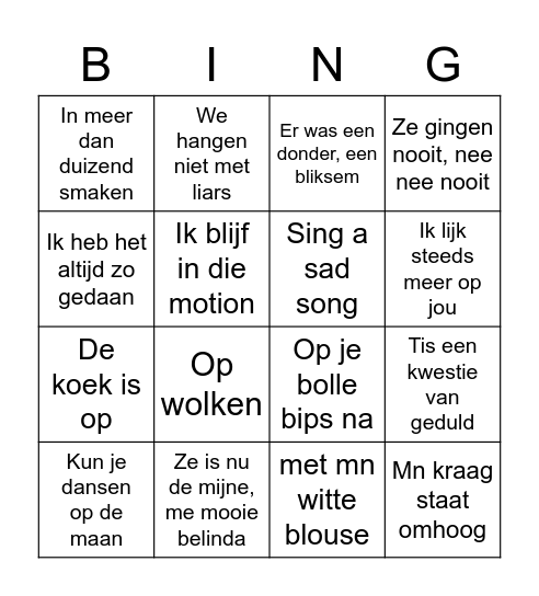 Muziek Bingo Card