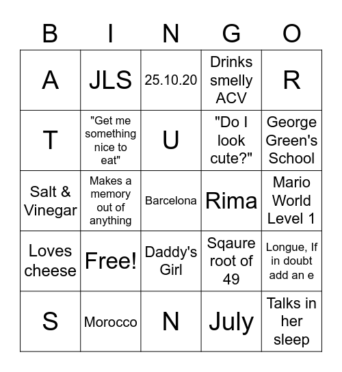 Nusrat's Bridesmaids Party Bingo Card