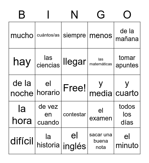 Avancemos 1 Unidad 2.1 Bingo Card