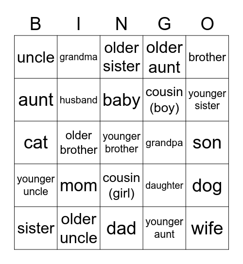 Family Members - Spanish Bingo Card