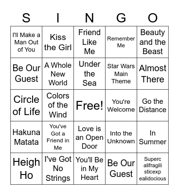 Disney SINGO Bingo Card