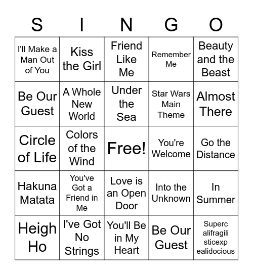 Disney SINGO Bingo Card