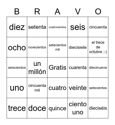 Los números 0 - 1.000.000 Bingo Card