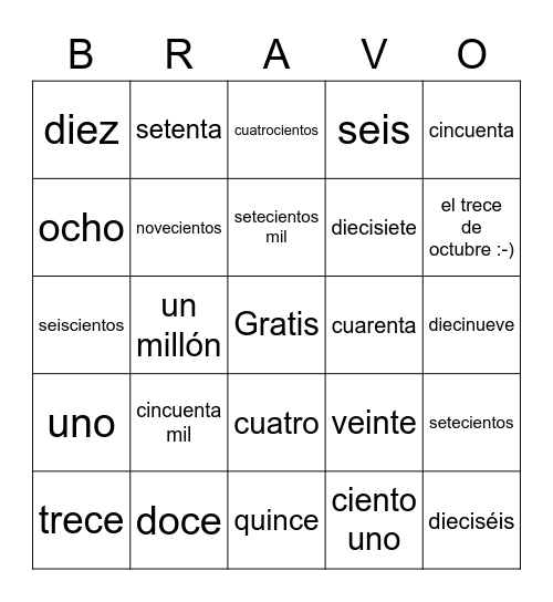 Los números 0 - 1.000.000 Bingo Card