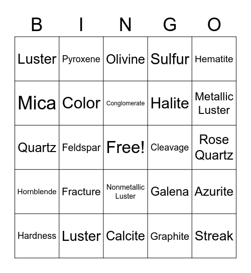 Mineral Bingo Card