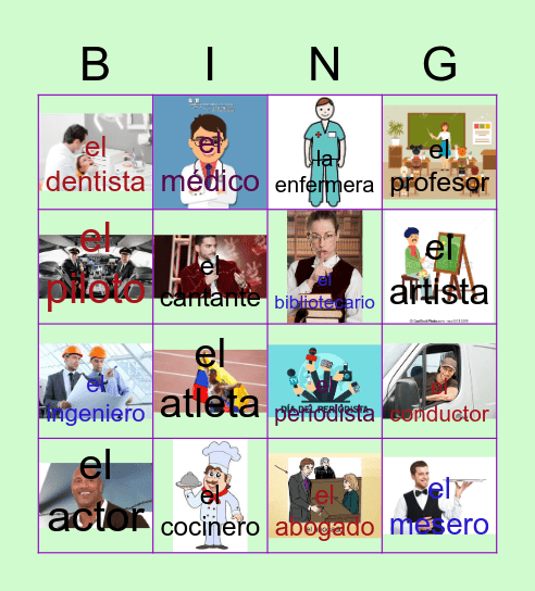 Las Profesiones/ con dibujos Bingo Card