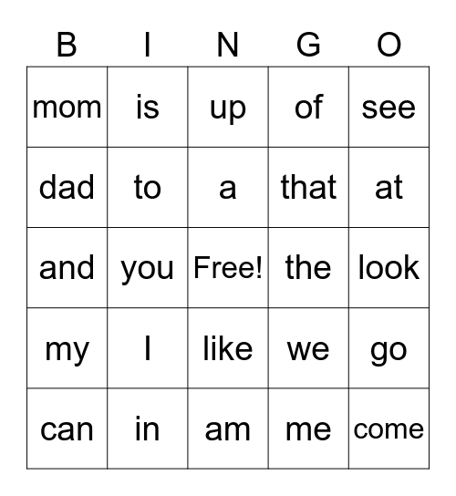 Quarter 1 Sight Words Bingo Card