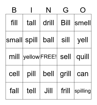 -ill, all, -ell Bingo Card