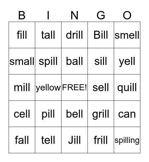 -ill, all, -ell Bingo Card