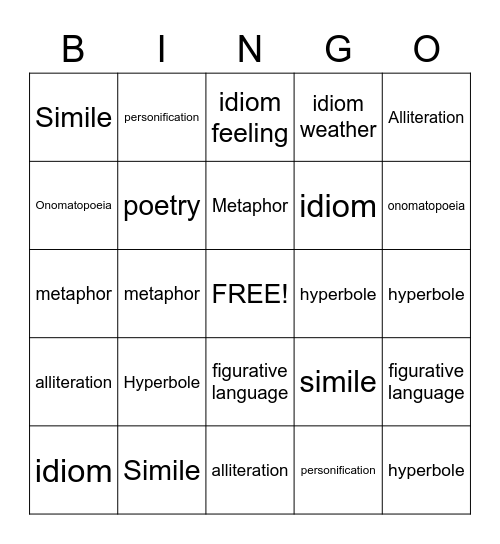 Figurative Language Bingo Card