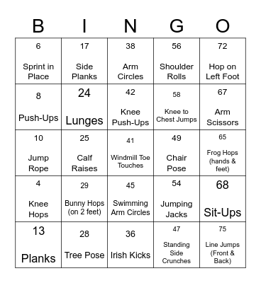 Fitness Bingo Card