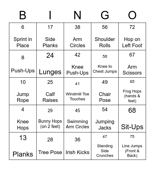 Fitness Bingo Card