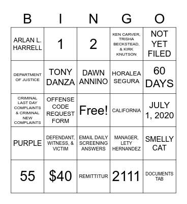 FRESNO SUPERIOR COURT Bingo Card