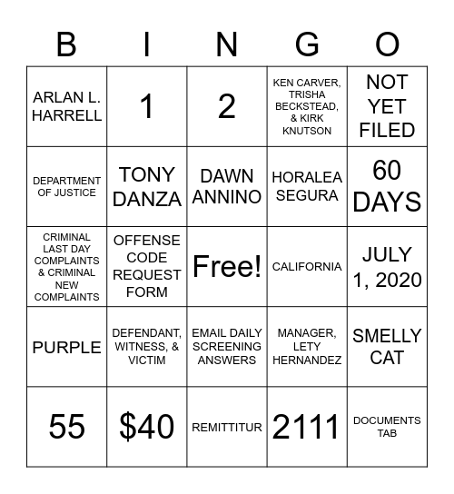 FRESNO SUPERIOR COURT Bingo Card