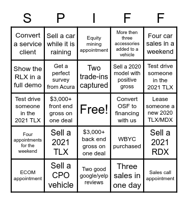 Acura Spiff Bingo - $200 for 1 Bingo/$500 for 2 Bingos Bingo Card