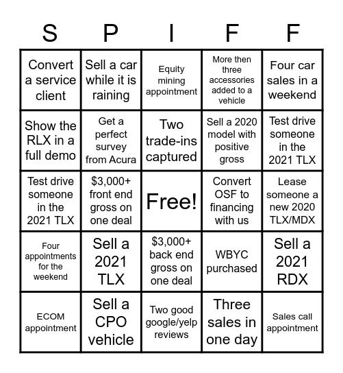 Acura Spiff Bingo - $200 for 1 Bingo/$500 for 2 Bingos Bingo Card