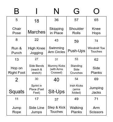 Fitness Bingo Card