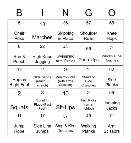 Fitness Bingo Card