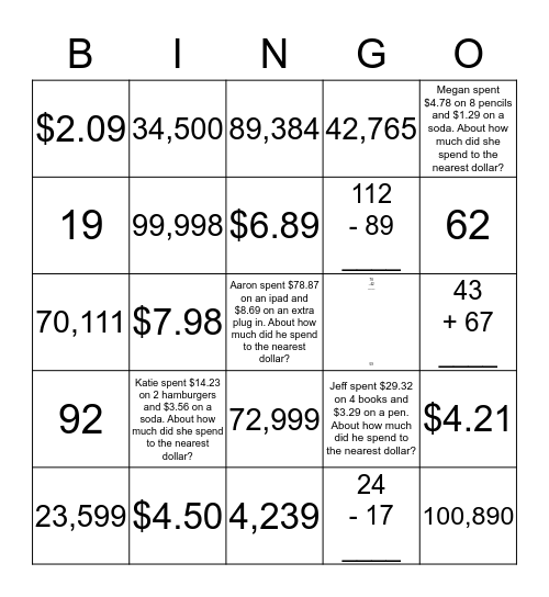 Estimation and Rounding Bingo Card