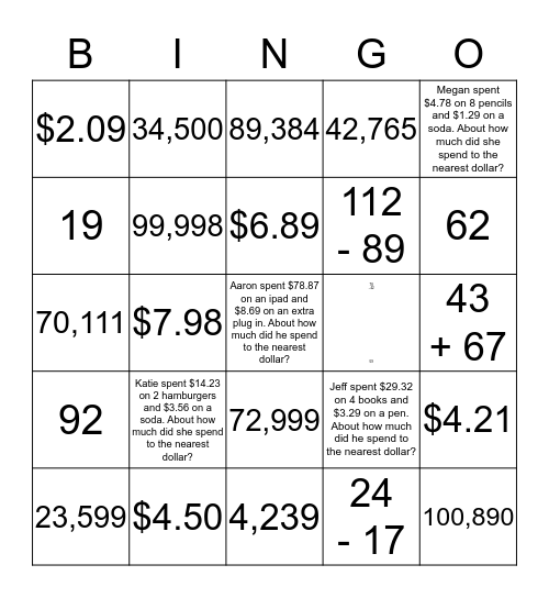 Estimation and Rounding Bingo Card