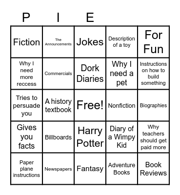 Author's Purpose Bingo Card