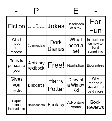 Author's Purpose Bingo Card