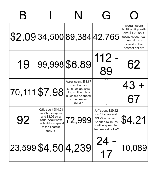 Estimation and Rounding Bingo Card