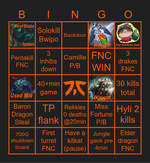 Worlds FNC vs LGD Bingo Card