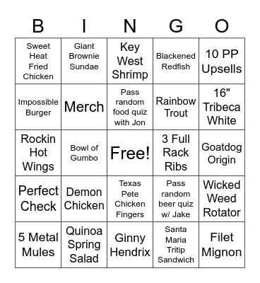 Metal Mule Monday Bingo Card