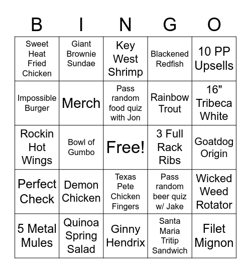 Metal Mule Monday Bingo Card