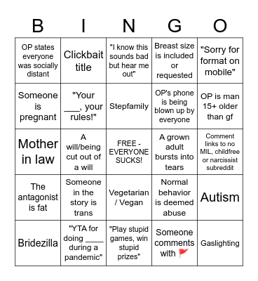 AITA Bingo - Pandemic Edition Bingo Card