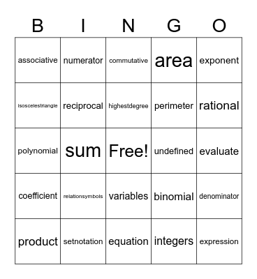 ALGEBRA BINGO Card