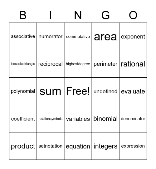 ALGEBRA BINGO Card