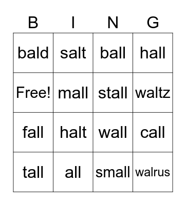 al words Bingo Card
