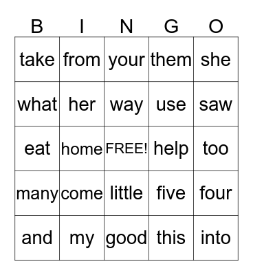 Sight Words Bingo Card