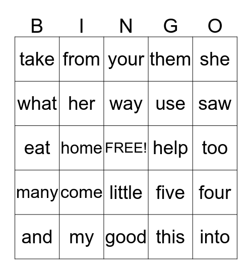 Sight Words Bingo Card