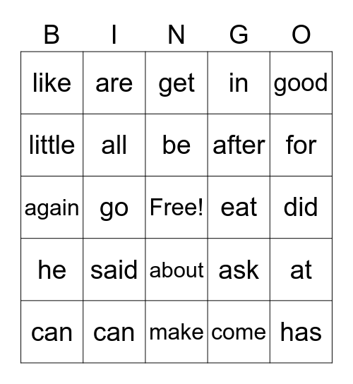 Sight Words Bingo Card