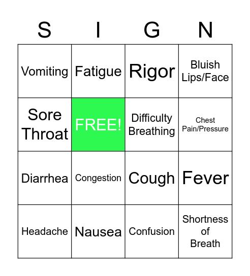 Symptoms Bingo Card