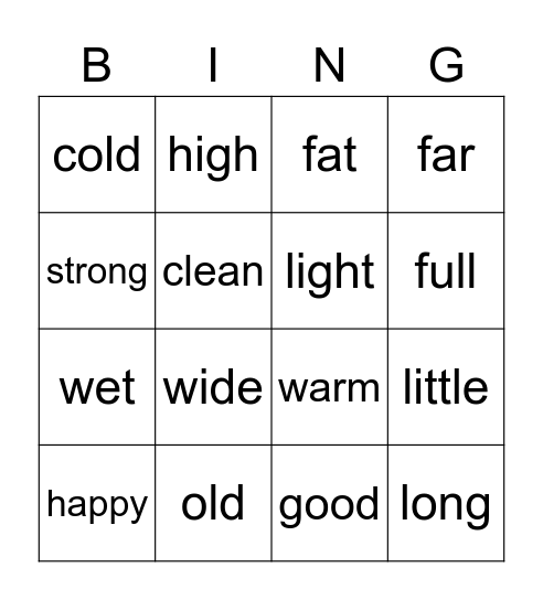 Adjective Antonyms Bingo Card