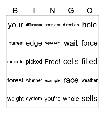 Sight Words Bingo Card