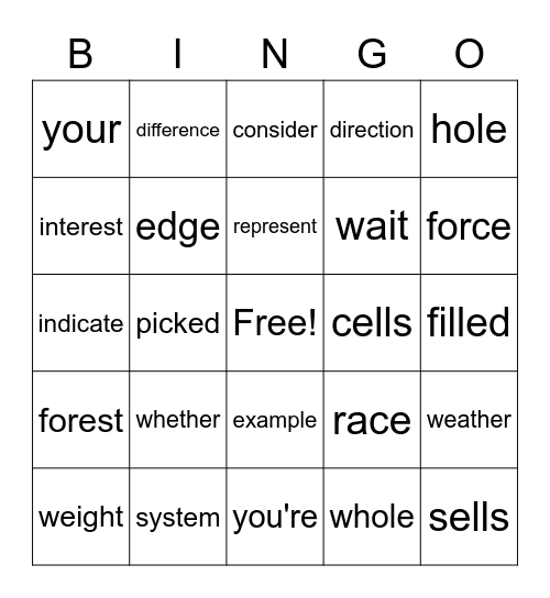 Sight Words Bingo Card