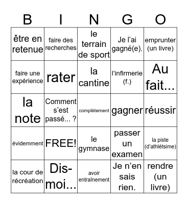 French II 4.1 Vocabulary Bingo Card
