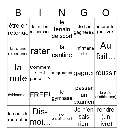 French II 4.1 Vocabulary Bingo Card